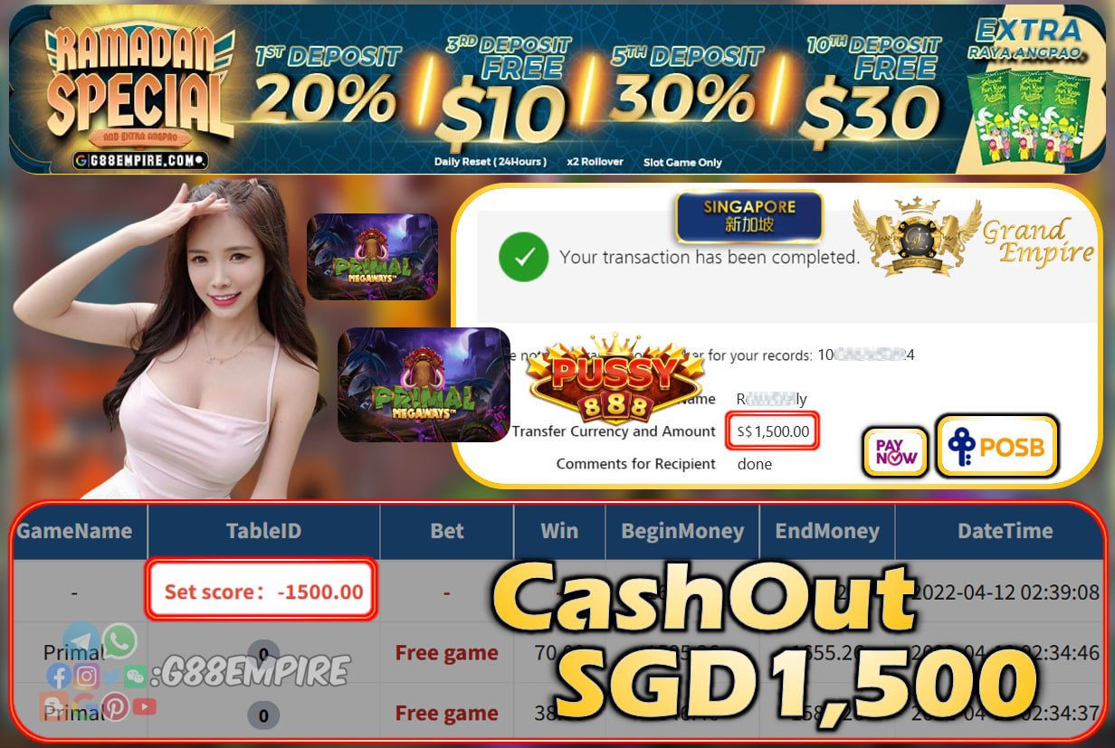 PUSSY888 - PRIMAL CASHOUT SGD1500 !!!
