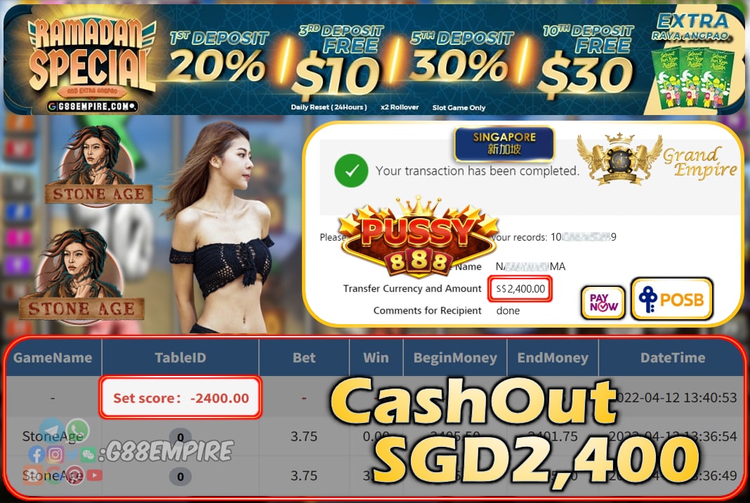 PUSSY888 - STONEAGE CASHOUT SGD2400 !!!