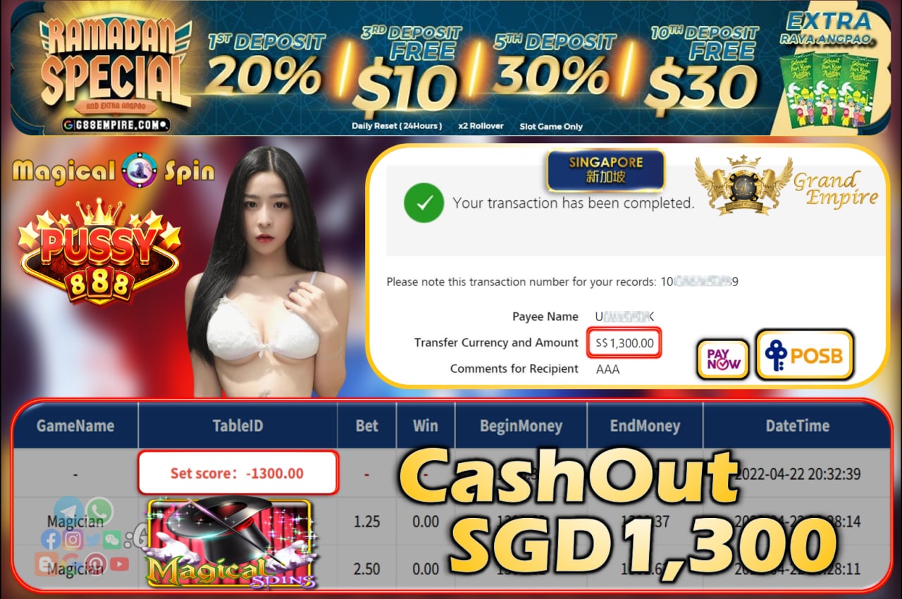 PUSSY888 - MAGICIAN CASHOUT SGD1300!!!