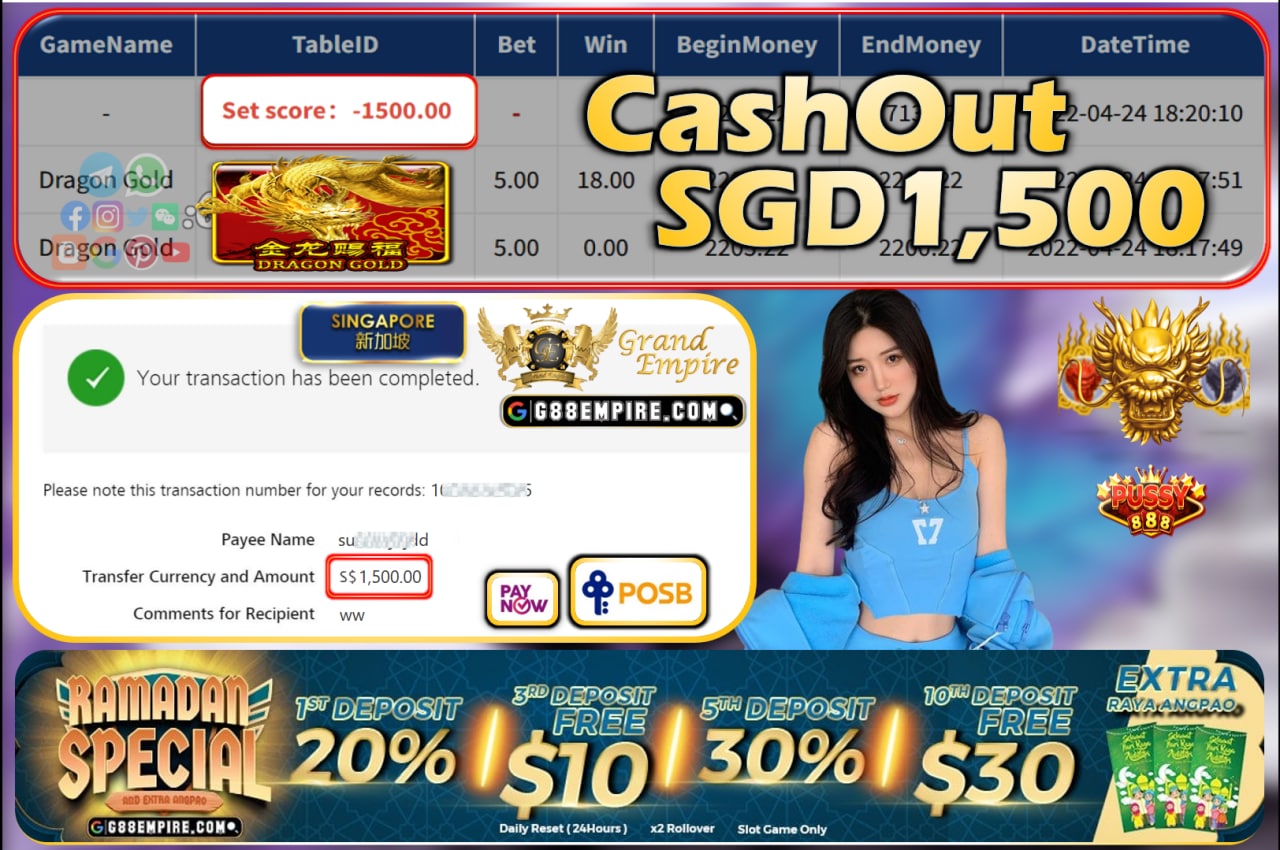 PUSSY888 - DRAGONGOLD CASHOUT SGD1500!!!