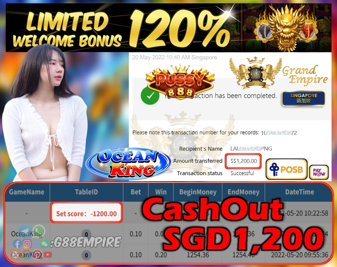 PUSSY888 - OCEANKING CASHOUT SGD1200 !!!