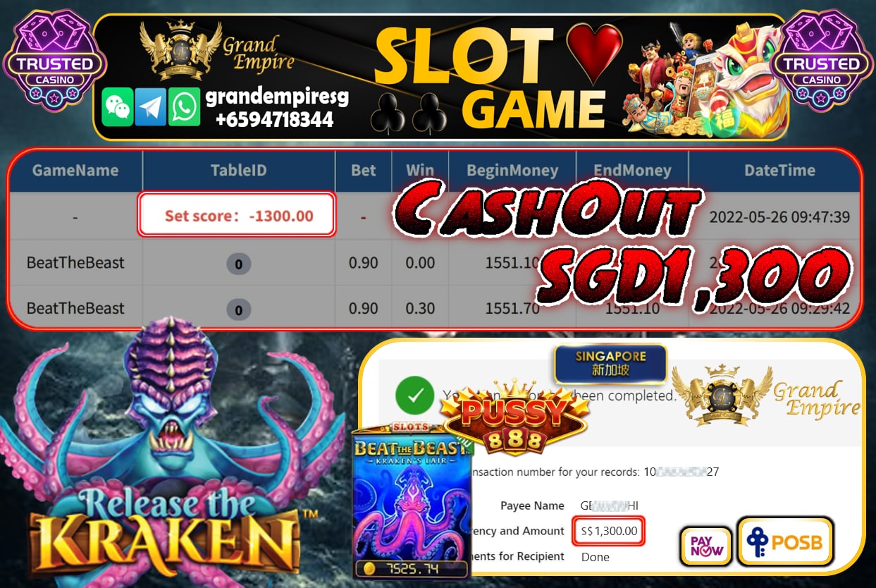 PUSSY888 - BEATTHEBEAST CASHOUT SGD1300 !!!