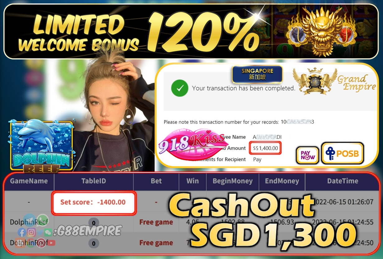 918KISS ~ DOLPHINEREEF CASHOUT SGD1300!!!