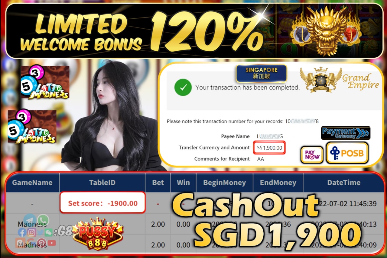 PUSSY888 ~ MADNESS CASHOUT SGD1900!!!