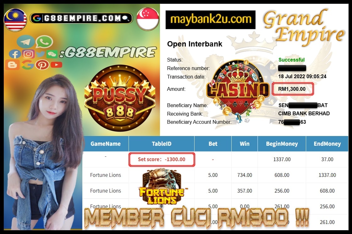 PUSSY888 FORTUNE LIONS CUCI RM1,300