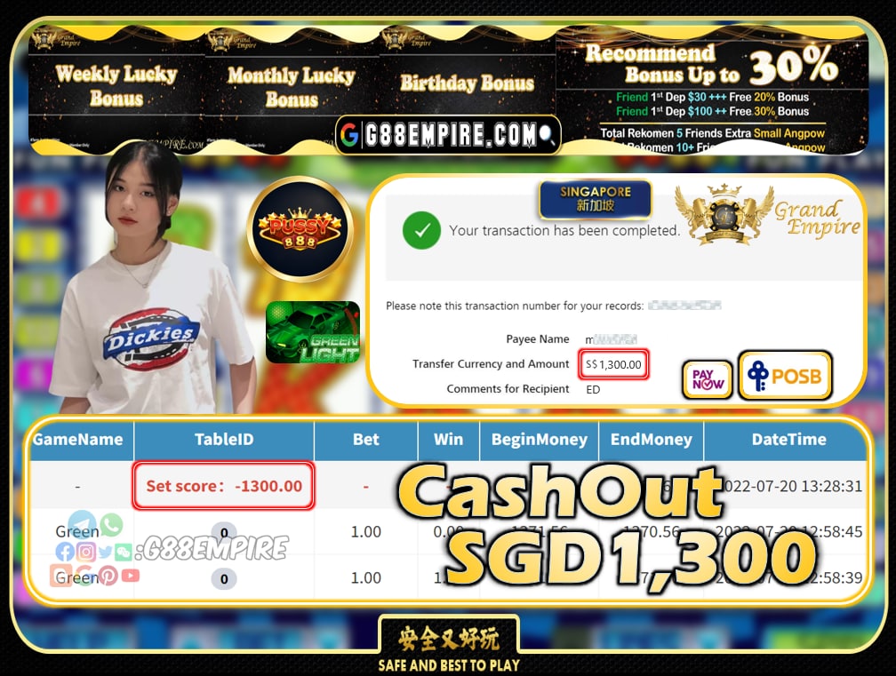 PUSSY888 - GREEN CASHOUT SGD1300 !!!