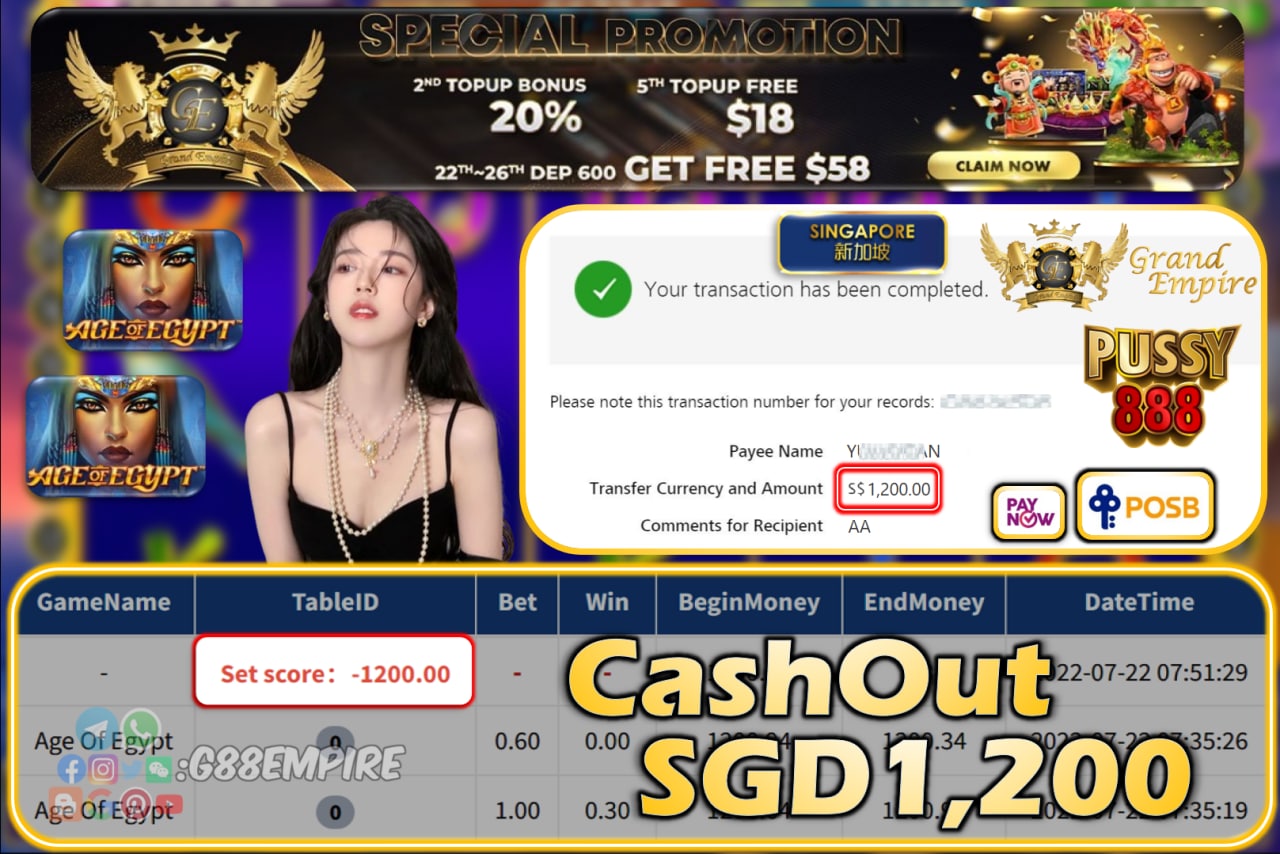 PUSSY888 ~ AGEOFEGYPT CASHOUT SGD1200!!!