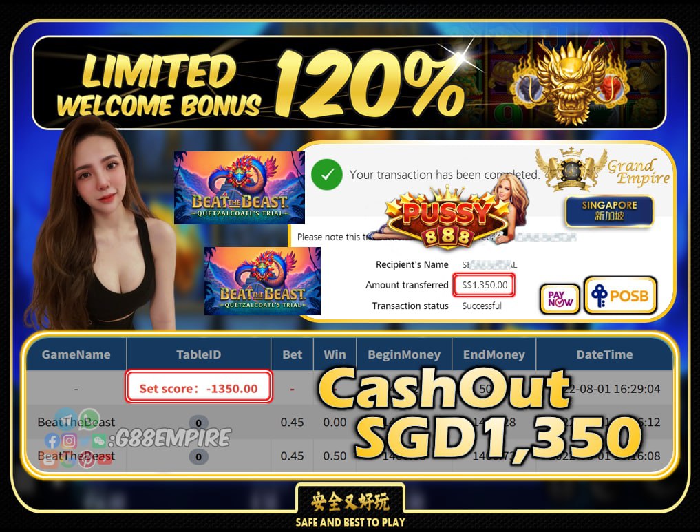 PUSSY888  ~ BEATTHEBEAST CASHOUT SGD1350!!!