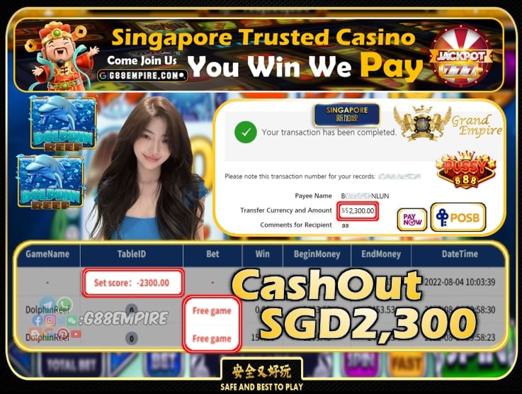 PUSSY888 ~ DOLPHINREEF CASHOUT SGD2300!!!
