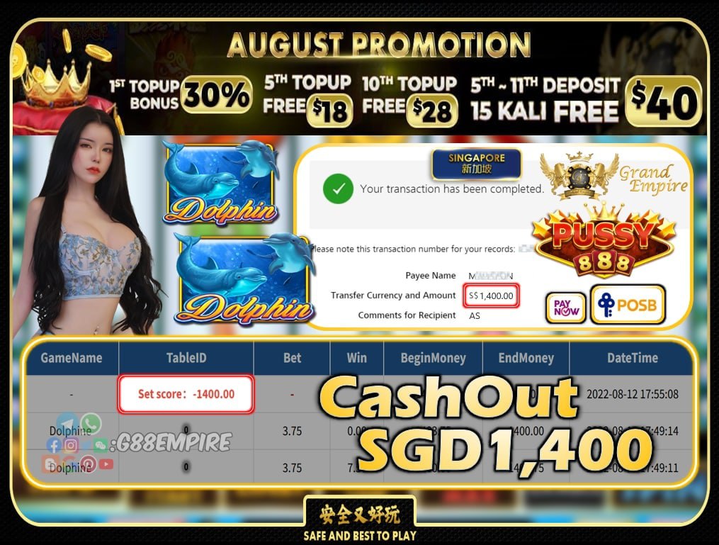 PUSSY888 ~ DOLPHIN CASHOUT SGD1400!!!