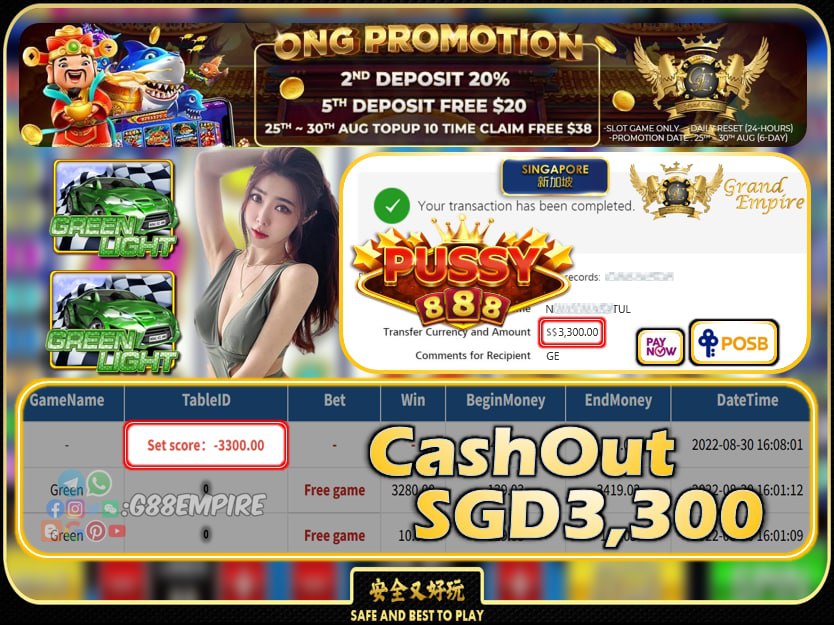PUSSY888 ~ GREEN CASHOUT SGD3300 !!!