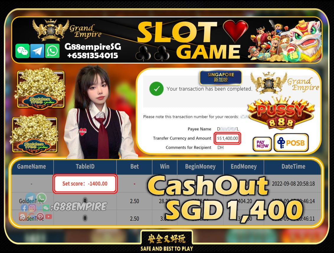 PUSSY888 ~ GOLDENTREE CASHOUT SGD1400!!!