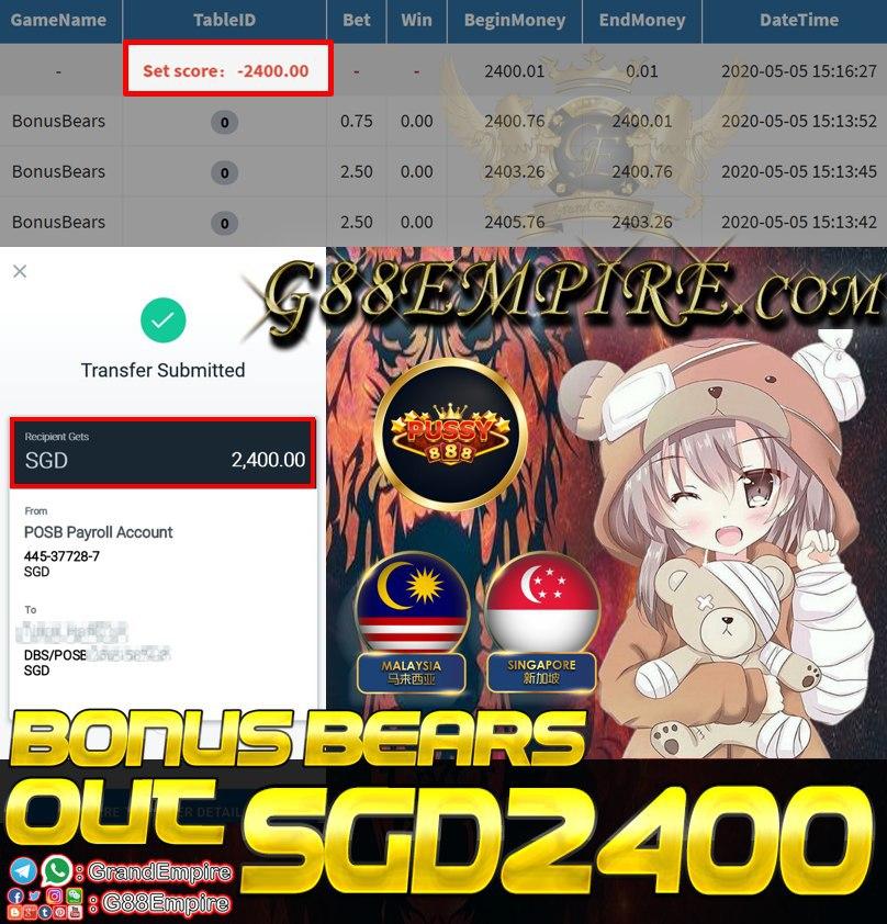 MEMBER PLAY BONUS BEARS CASH OUT SGD2,400!!!