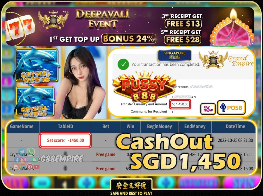 PUSSY888 ~  CRYSTALWATERS CASHOUT SGD1450 !!!