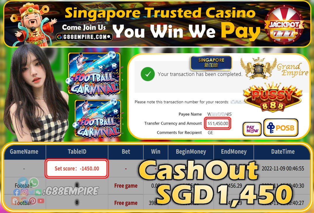 PUSSY888 ~ FOOTBALL CASHOUT SGD1450!!!