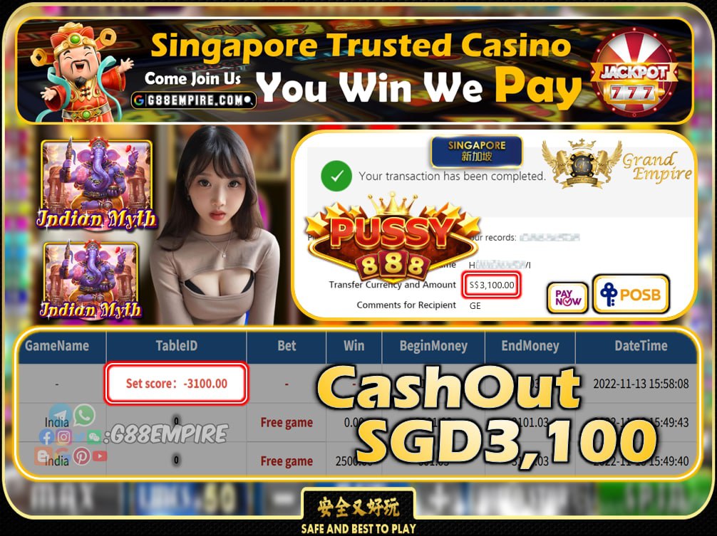 PUSSY888 ~ INDIA CASHOUT SGD3100 !!!