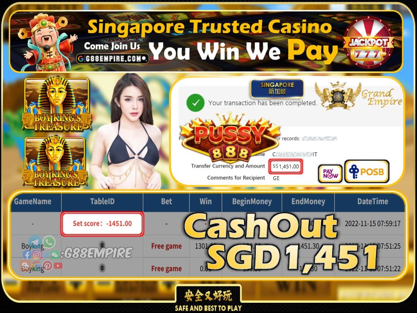 PUSSY888 ~ BOYKING CASHOUT SGD1451 !!!