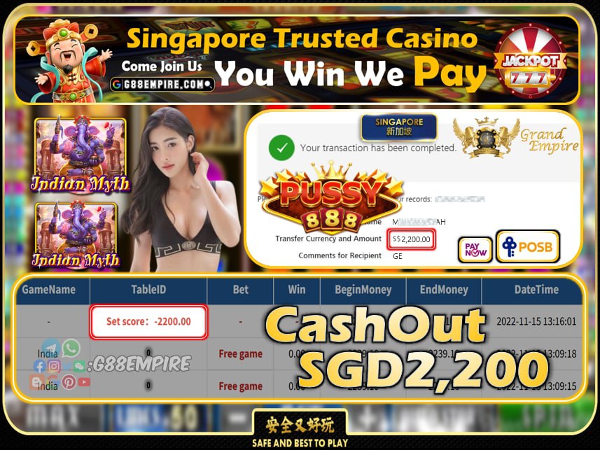 PUSSY888 ~ INDIA CASHOUT SGD2200 !!!