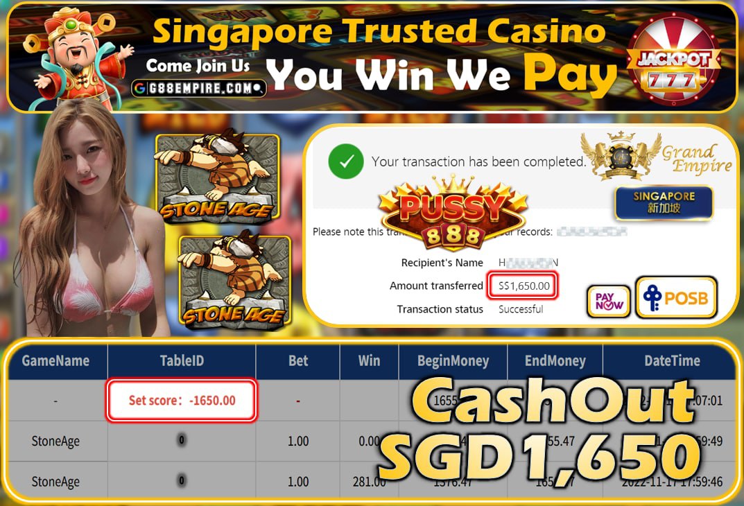 PUSSY888 ~ STONEAGE CASHOUT SGD1650!!!