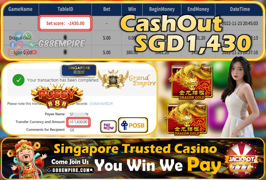 PUSSY888 ~ DRAGON GOLD CASHOUT SGD1430!!!