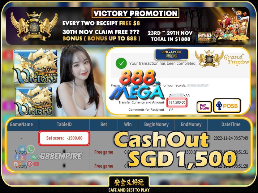 MEGA888 ~ VICTORY CASHOUT SGD1500 !!!