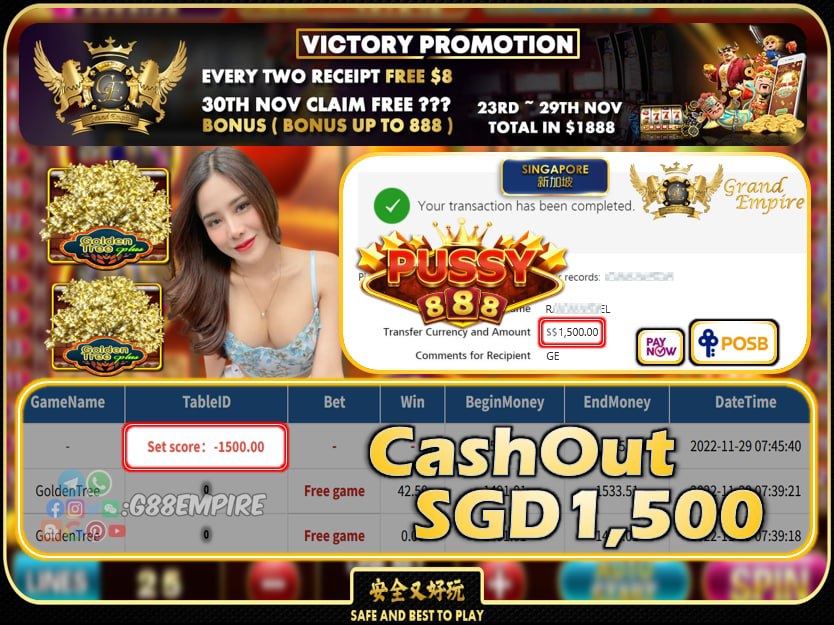 PUSSY888 ~ GOLDENTREE CASHOUT SGD1500 !!!