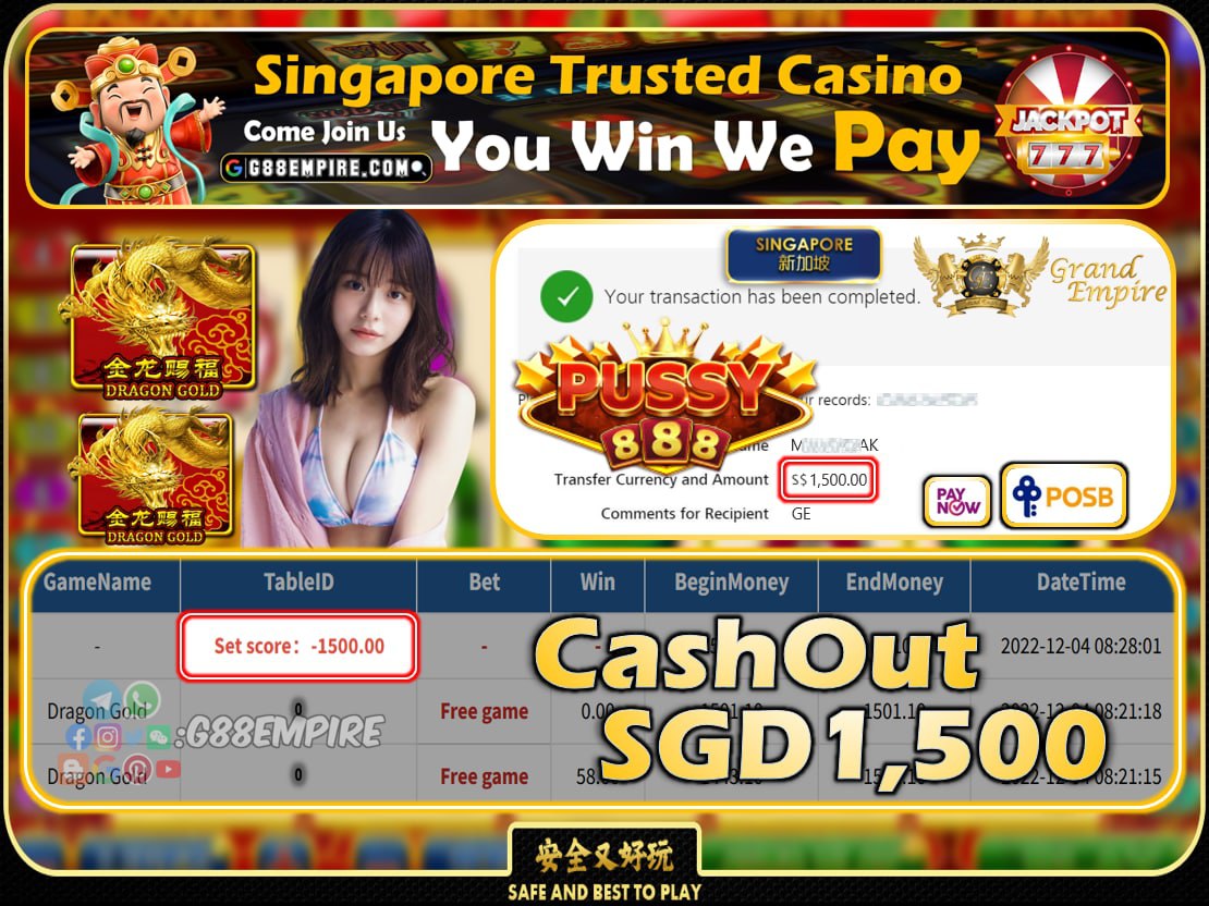 PUSSY888 ~ DRAGON GOLD CASHOUT SGD1500 !!!
