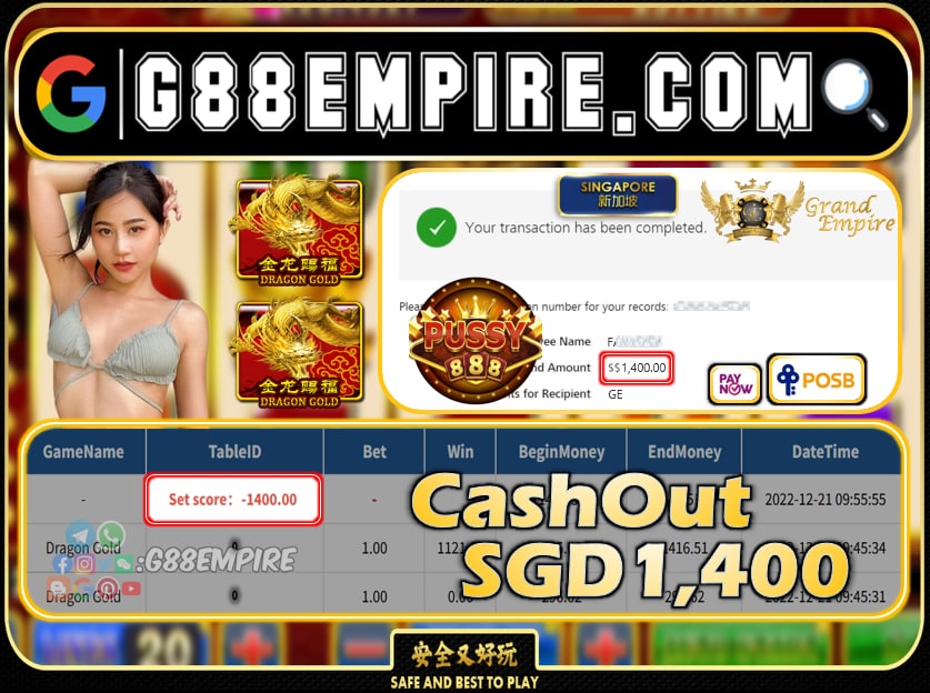 PUSSY888 ~ DRAGON GOLD CASHOUT SGD1400 !!!