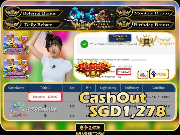PUSSY888 ~ EASTER CASHOUT SGD1278!!!
