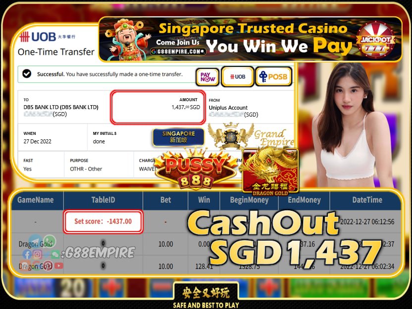 PUSSY888 ~ DRAGON GOLD CASHOUT SGD1437!!!