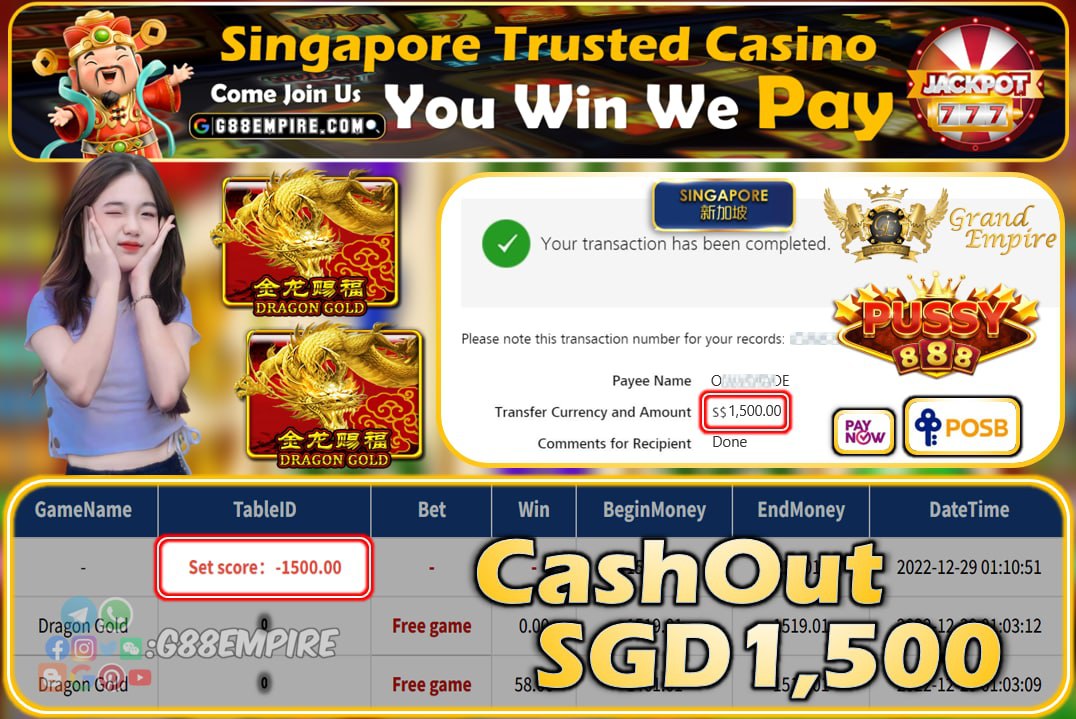 PUSSY888 ~ DRAGON GOLD CASHOUT SGD1500!!!