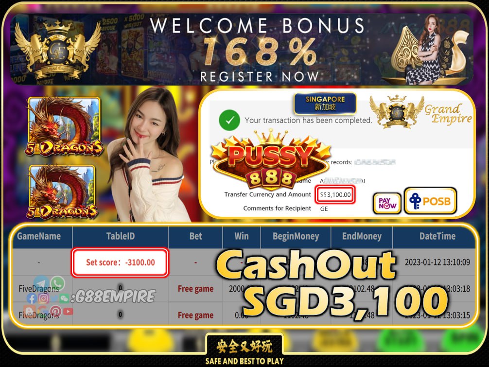 PUSSY888 ~ 5DRAGONS CASHOUT SGD3100 !!!