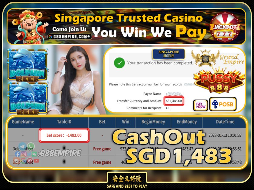 PUSSY888 ~ DOLPHINREEF CASHOUT SGD1483!!!