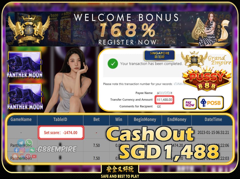 PUSSY888 ~ PATHERMOON CASHOUT SGD1488!!!
