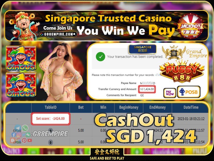 PUSSY888 ~ CIRCUS CASHOUT SGD1424!!!
