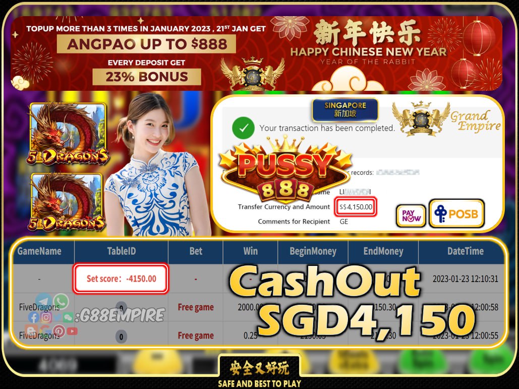 PUSSY888 ~ 5DRAGONS CASHOUT SGD4150 !!!