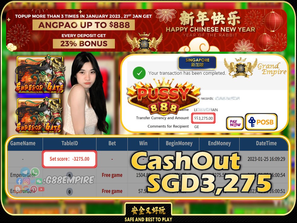 PUSSY888 ~ EMPERORGATE CASHOUT SGD3275 !!!