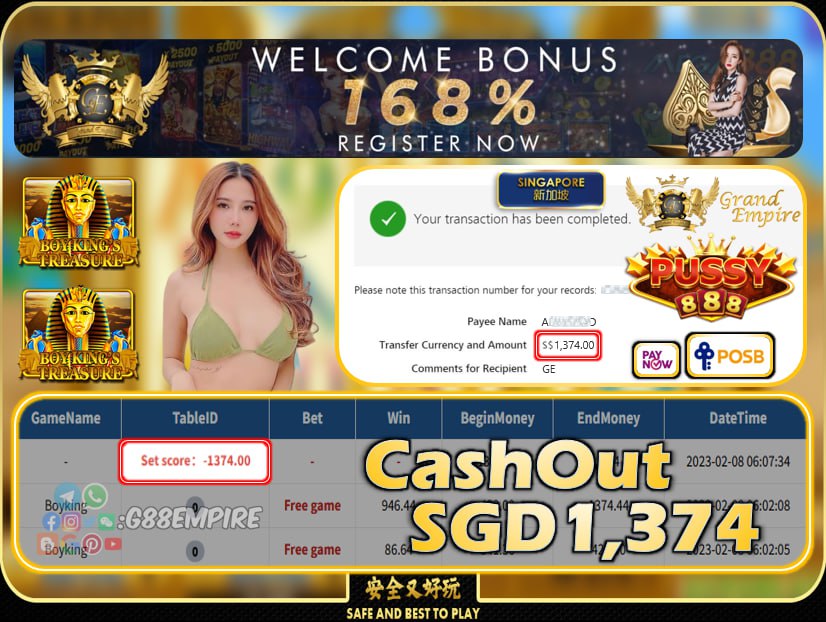 PUSSY888 ~ BOYKING CASHOUT SGD1374!!!