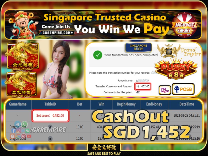 PUSSY888 ~ DRAGON GOLD CASHOUT SGD1452!!!