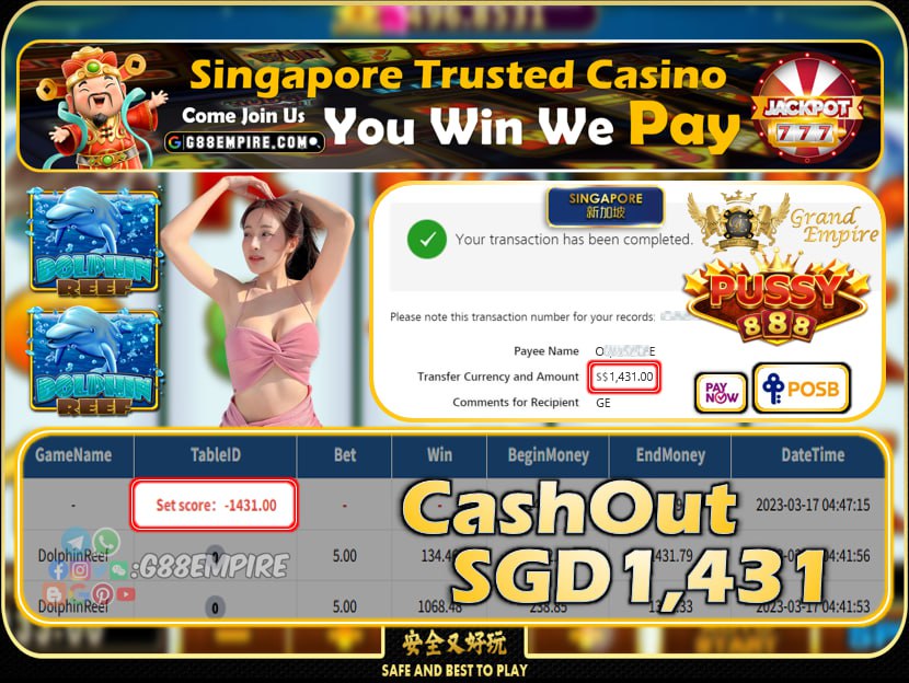 PUSSY888 ~DOLPHINREEF CASHOUT SGD1431!!!