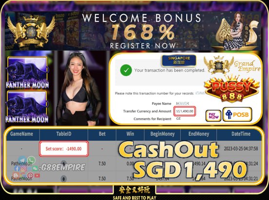 PUSSY888 ~ PATHERMOON CASHOUT SGD1490!!!