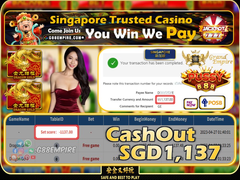 PUSSY888 ~ DRAGON GOLD CASHOUT SGD1137!!!