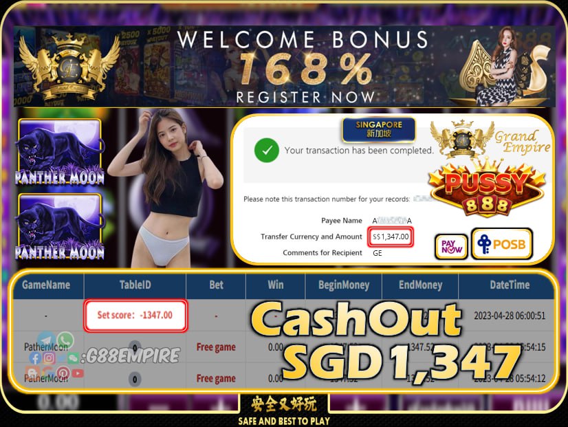 PUSSY888 ~ PATHERMOON CASHOUT SGD1347!!!