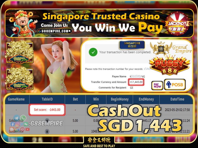 PUSSY888 ~ GOLDENTREE CASHOUT SGD1443!!!
