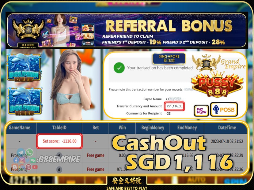 PUSSY888 - DOLPHINREEF CASHOUT SGD1116 !!!