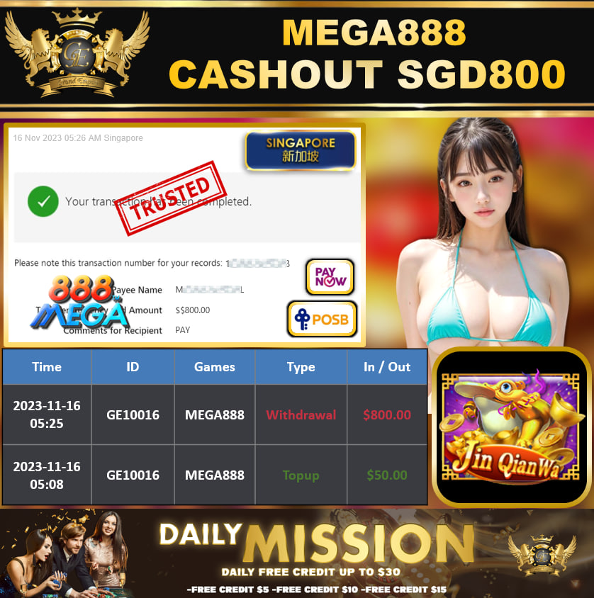 MEGA888 - JINQIANWA CASHOUT SGD800 !!!