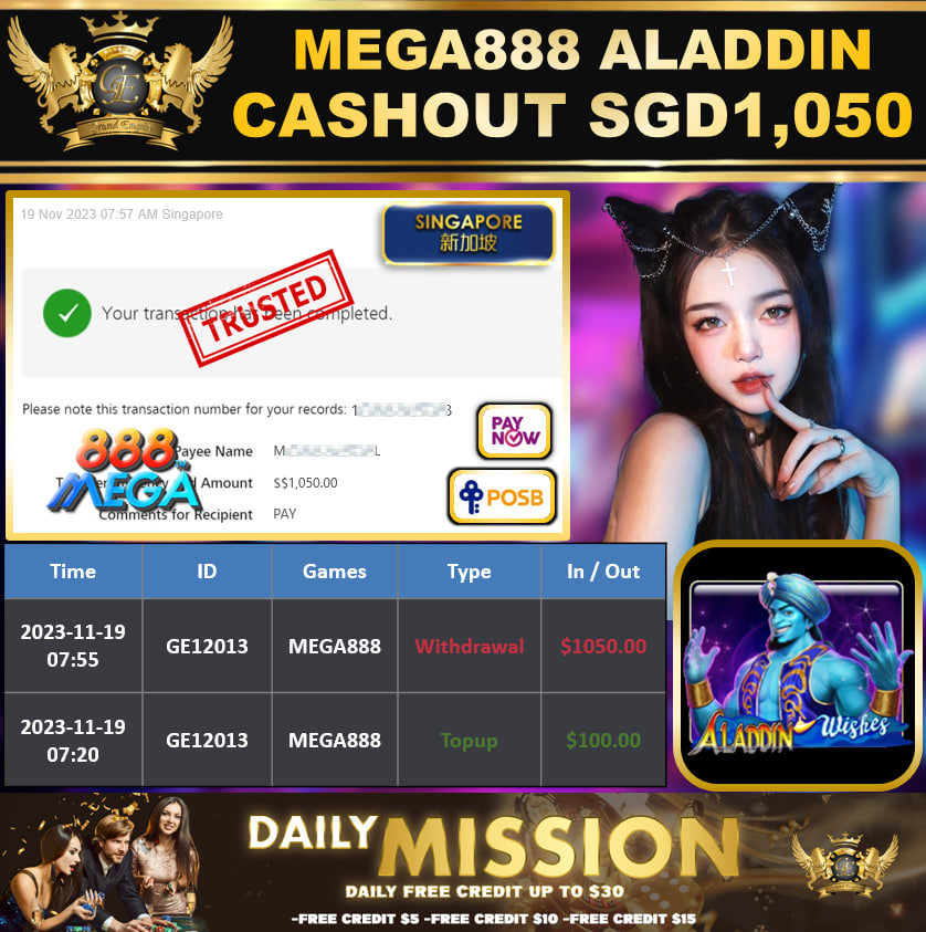MEGA888 -ALADDIN CASHOUT SGD1050 !!!