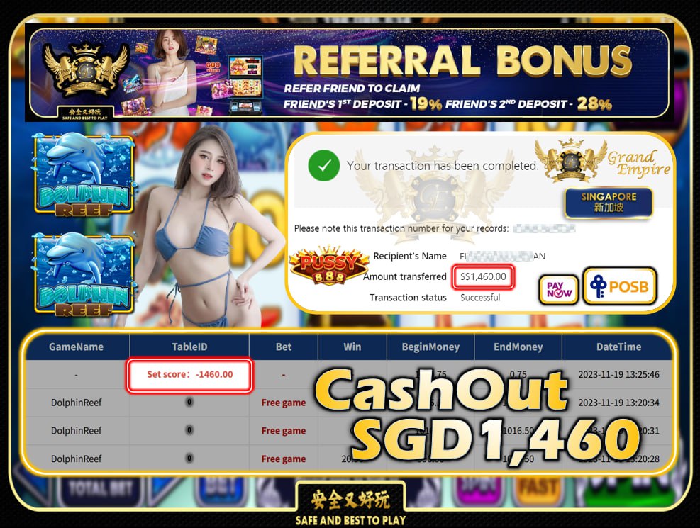 PUSSY888 - DOLPHIN REEF CASHOUT SGD1460 !!!
