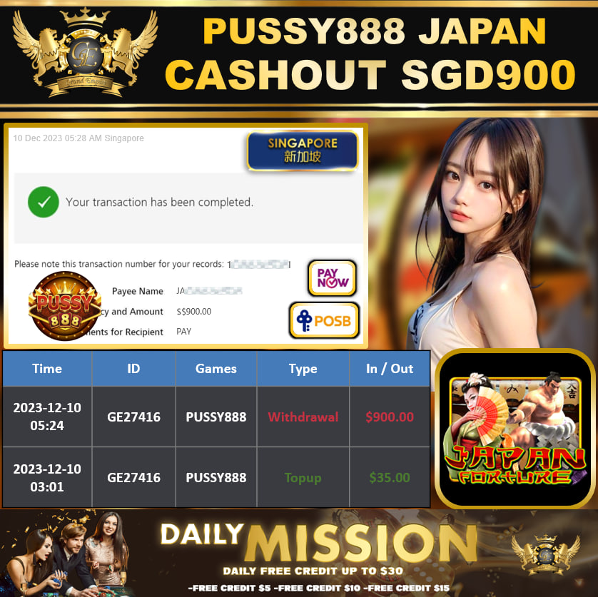 PUSSY888 - JAPAN - CASHOUT SGD900 !!