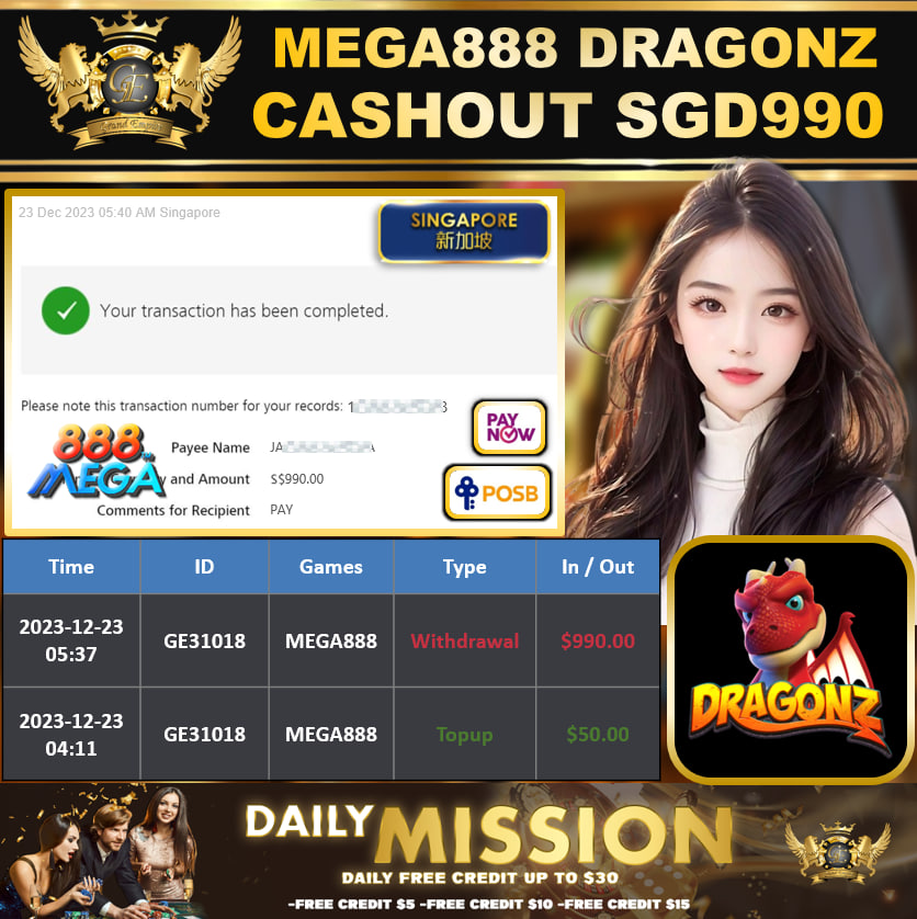 MEGA888 - DRAGONZ CASHOUT SGD990 !!!